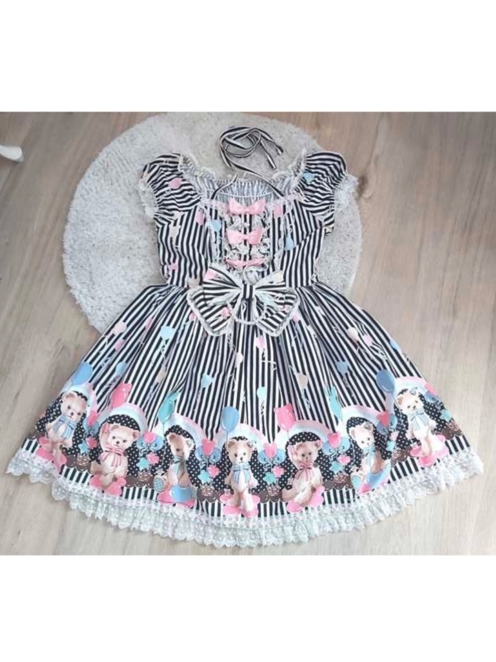 Teddy Bear & Balloons striped lolita doll dress with bows, lace, & corset back